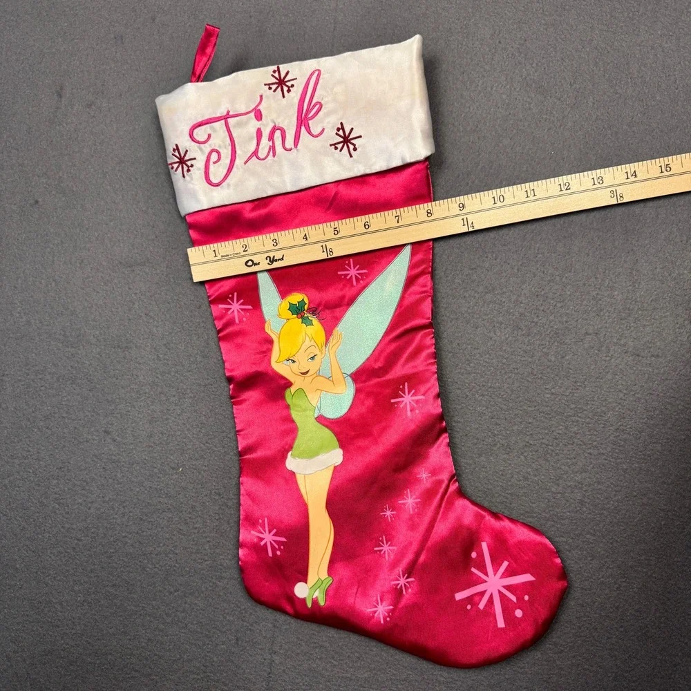 Disney Tinkerbell Christmas Stocking Glitter Pink White Embroidered 2009 19in‎